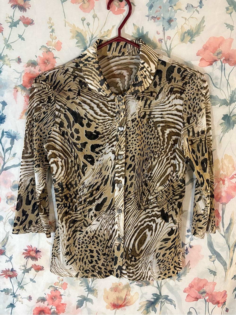 Vintage Animal Print Button-Front Women’s Top in Brown